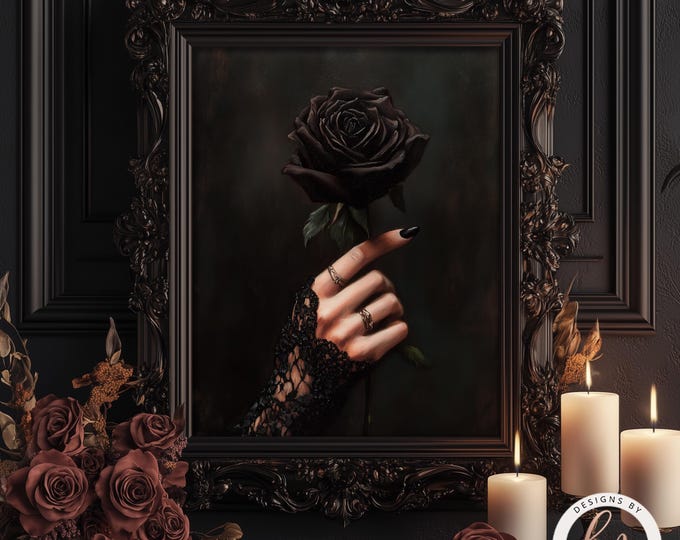 Gothic Black Rose Oil Painting Print, Dark Academia Home Decor, Victorian Witchy Aesthetic Poster, Romantic Wall Art, Lace Hand 6-GOT095