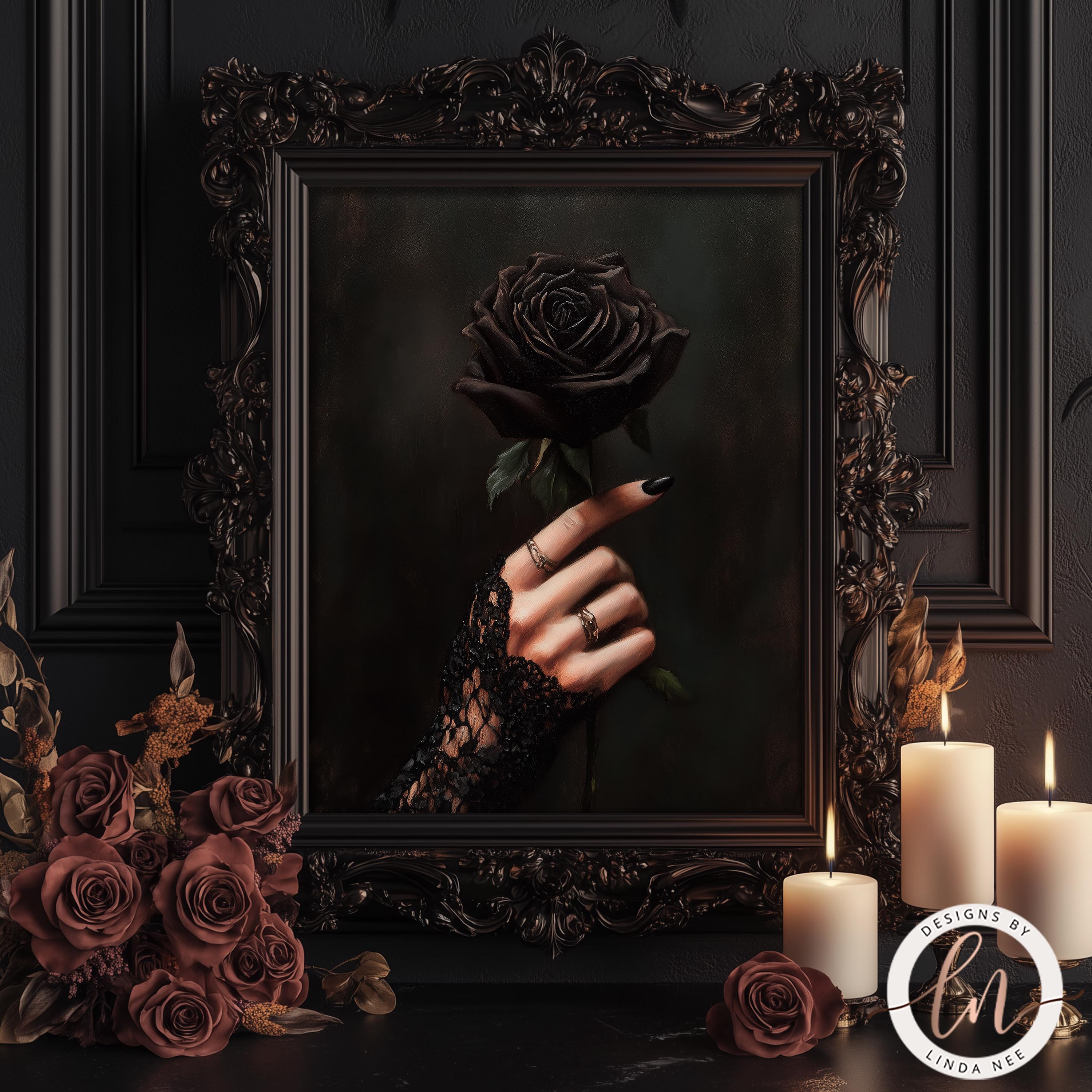 Gothic Black Rose Oil Painting Print, Dark Academia Home Decor