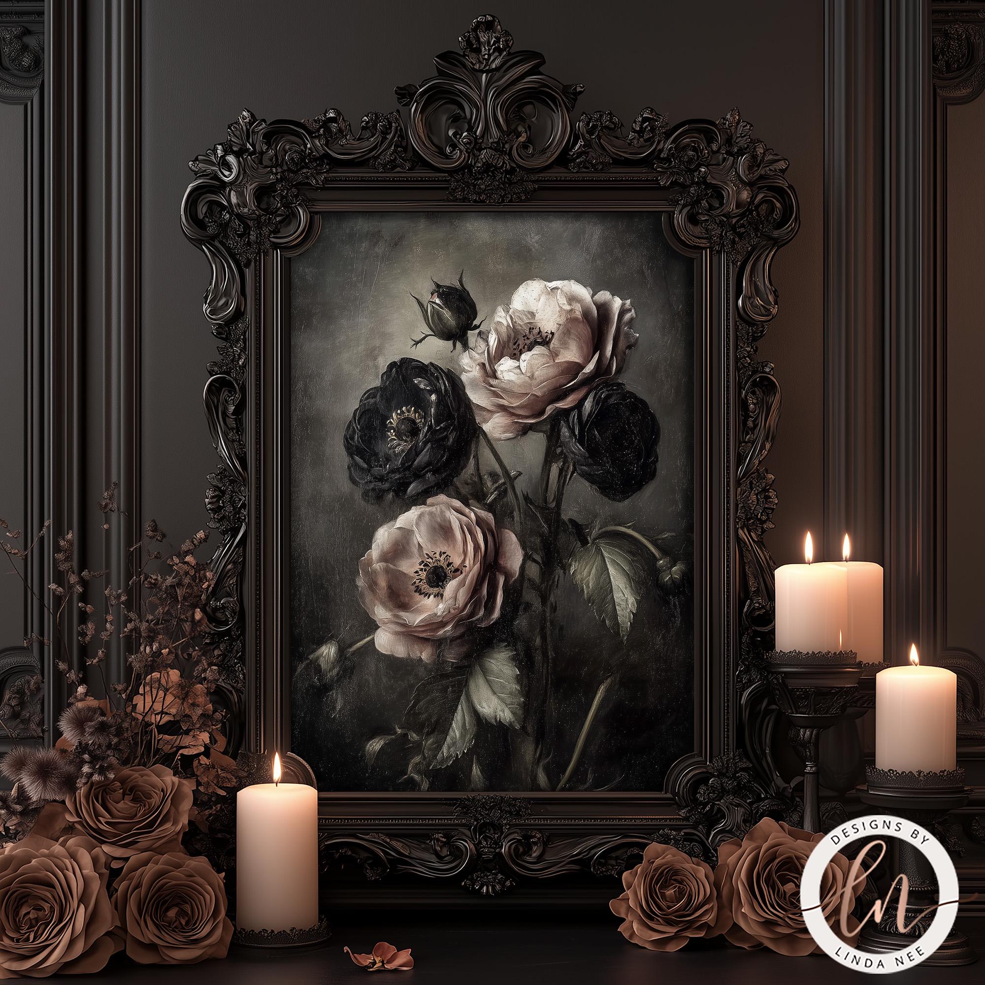 Dark Academia Floral Wall Art, Gothic Black Roses Print, Moody ...