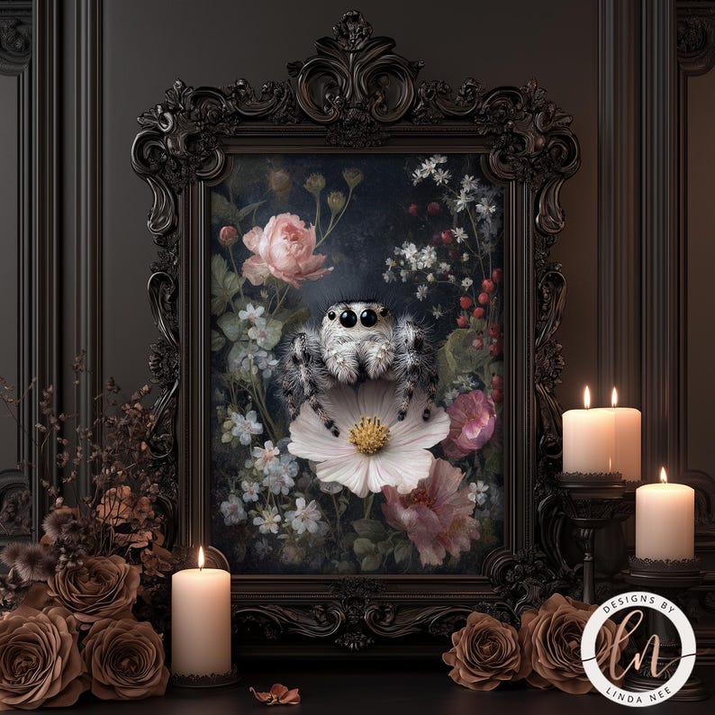 a framed painting of a spider sitting on a flower, surrounded by a floral arrangement and lit candles.