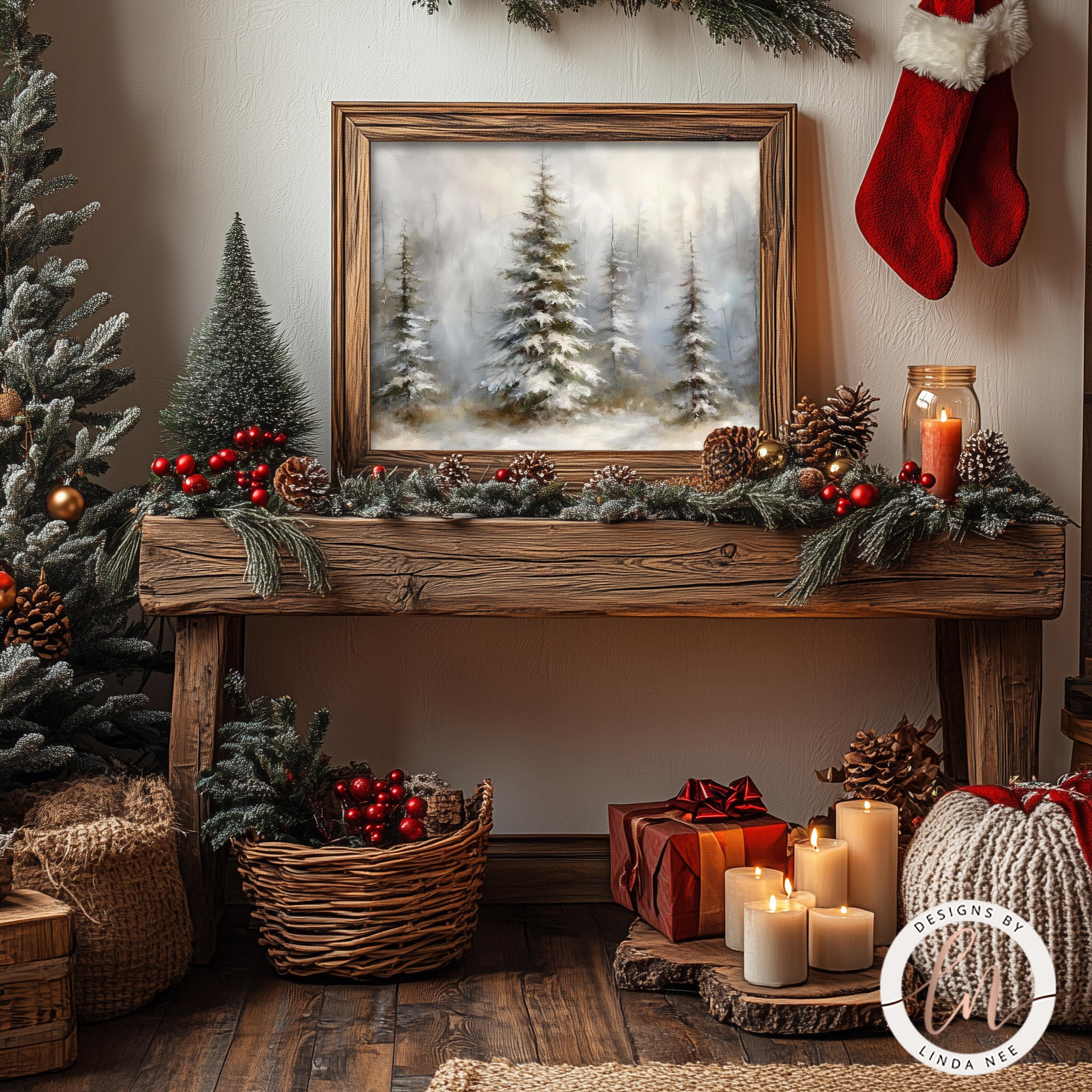 Pine Tree Wall Art Print, Christmas Decor, Vintage Snowy Winter Forest Painting, Cottagecore Metal Print, Farmhouse Winter Holiday 6-XMS009