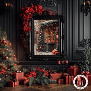 a painting of a christmas scene with presents and a christmas tree