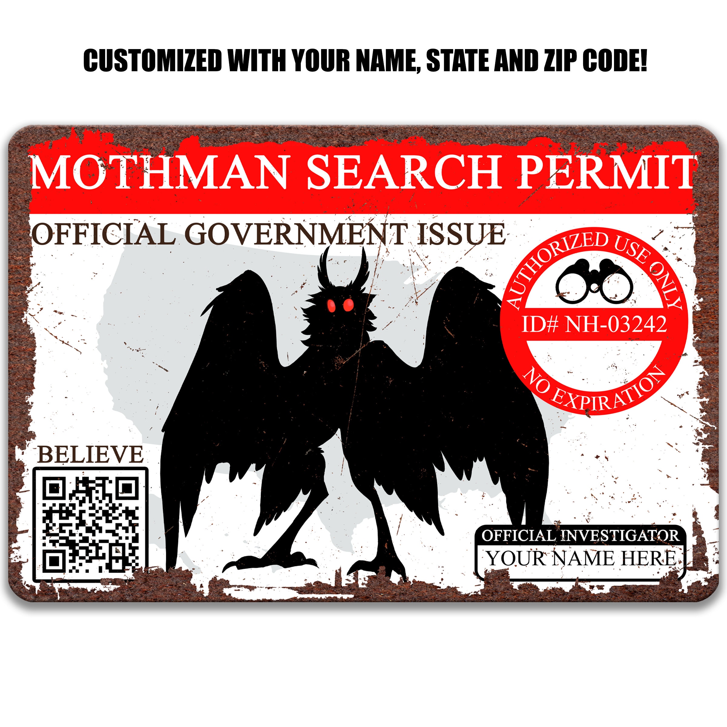 Custom Mothman Search Permit Sign, Personalized Cryptid Sign, Point Pleasant Cryptozoology Gift, Mothman Decor Indoor/Outdoor Decor 8-ANM032
