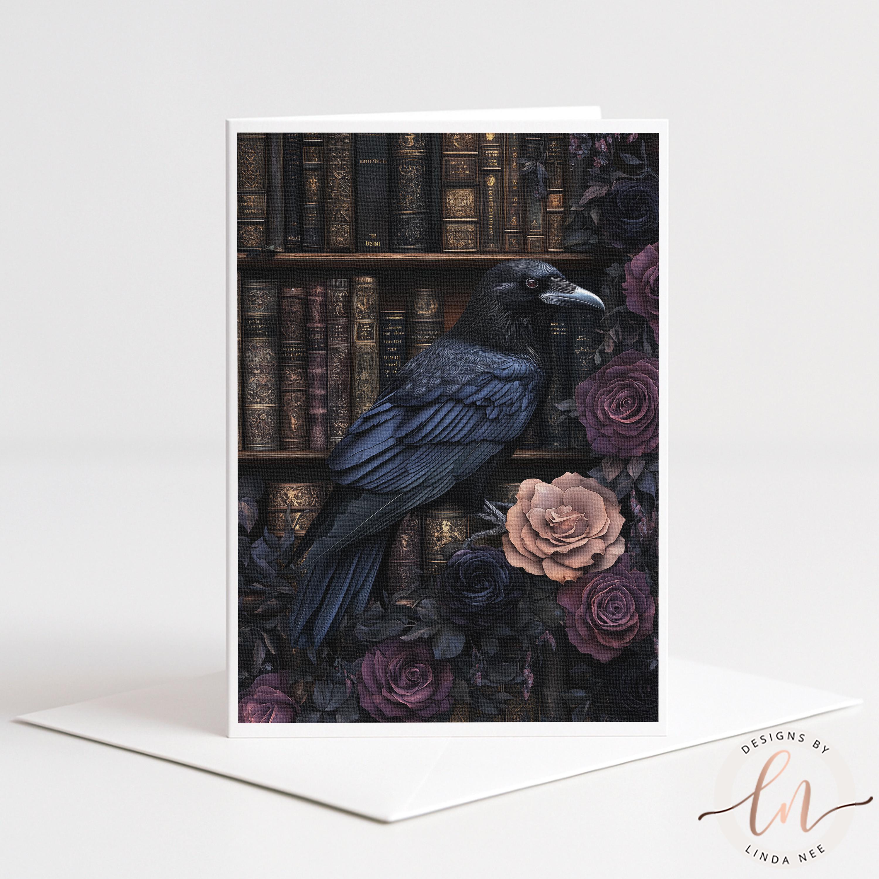 Raven Lib Dark Academia Raven Card, Library Bird With Roses, Gothic Romantic ...
