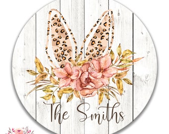 Personalized Family Name Easter Sign, Easter Bunny Wreath Sign, 12" Easter Round Sign, Easter Decor, Easter Wall Decor, Leopard, X-EAS016