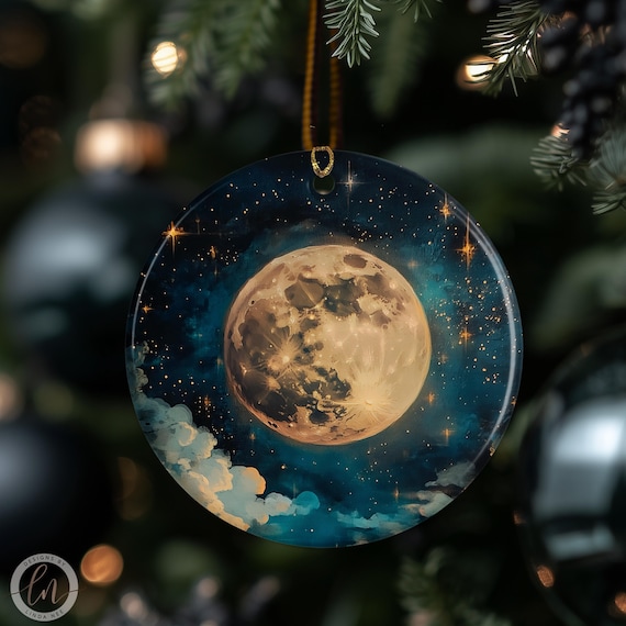 Full Moon Ornament, Celestial Christmas Decor, Gold Moon Teal Sky