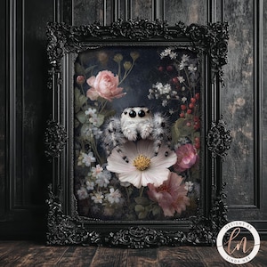 A black ornate frame displays a painting of a spider sitting on a flower, surrounded by various flowers and foliage.