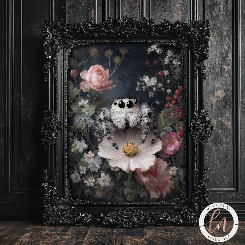 A black ornate frame displays a painting of a spider sitting on a flower, surrounded by various flowers and foliage.