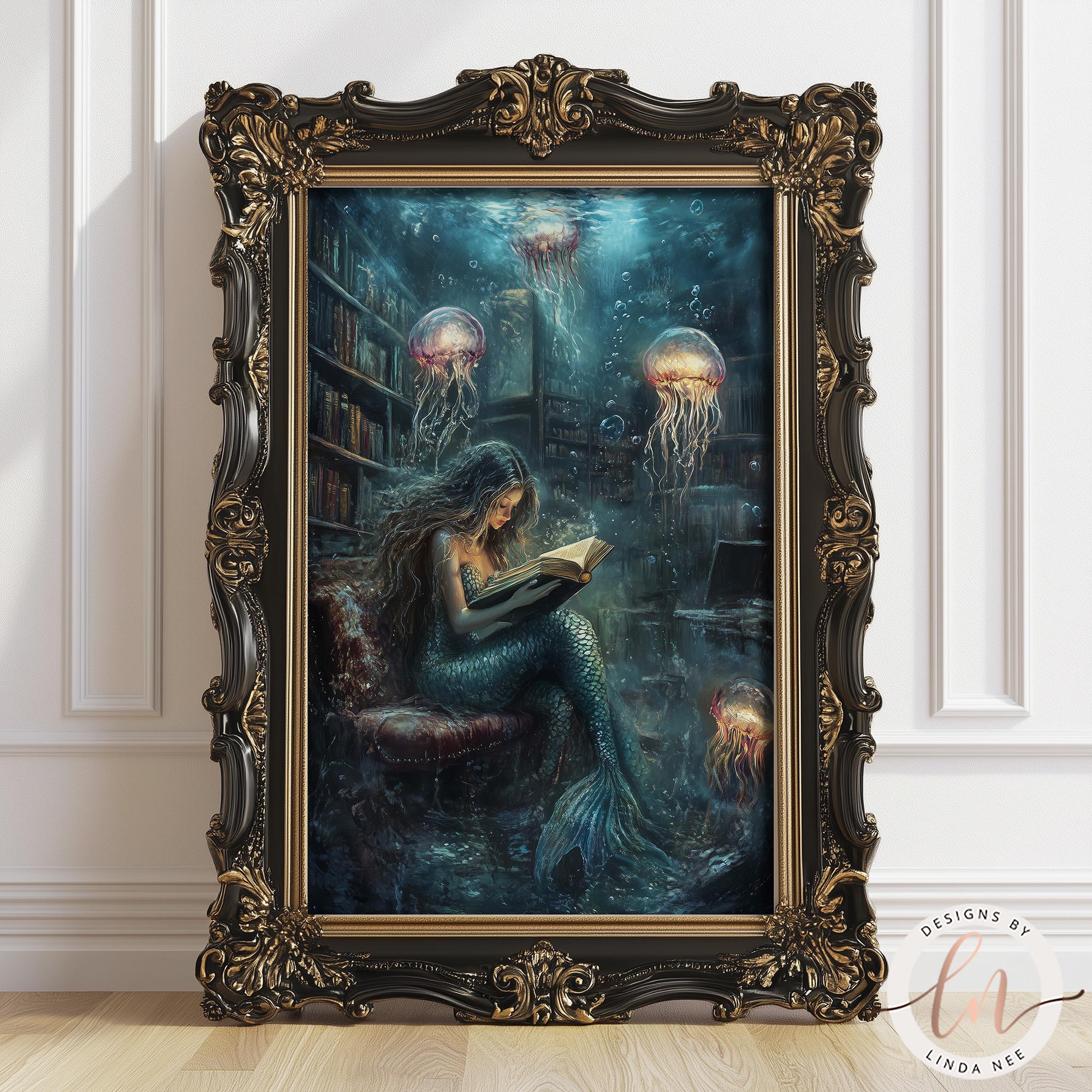 Mermaid Lib Surreal Mermaid Library Print, Dark Fantasy Reader Wall Art, Jellyfish ...