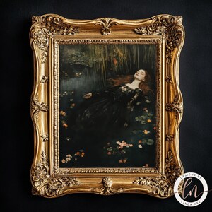 May include: A framed painting of a woman in a black dress lying in a pool of water with flowers. The woman has long red hair and is wearing a crown of flowers. The painting is set against a dark background.