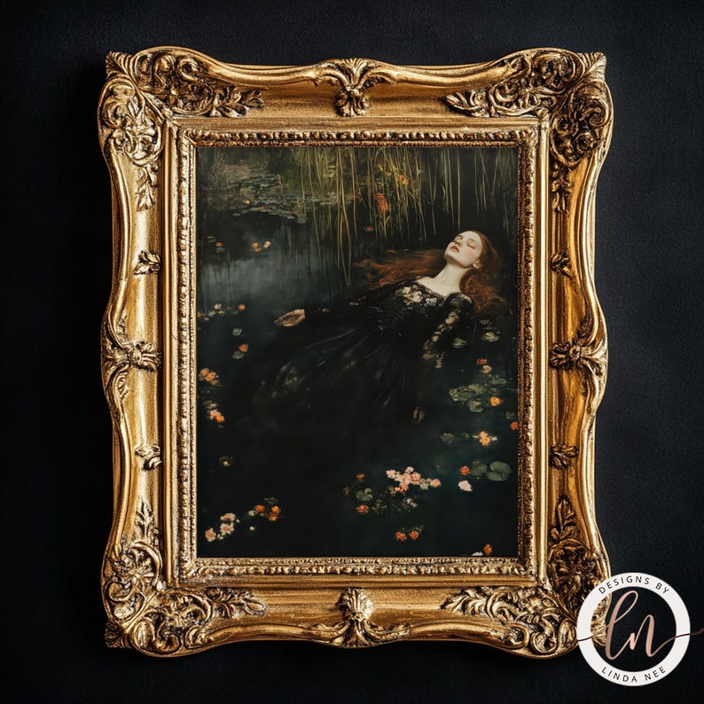May include: A framed painting of a woman in a black dress lying in a pool of water with flowers. The woman has long red hair and is wearing a crown of flowers. The painting is set against a dark background.