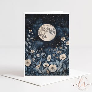 Full Moon Greeting Card, Blue Floral Night Sky Art, Celestial Botanical Note Card, Blank Inside, 5x7 A7
