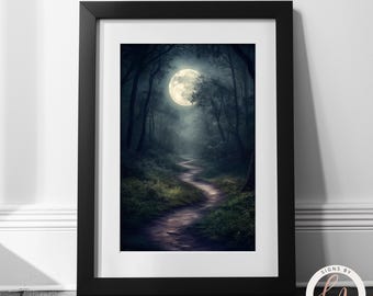 Puede incluir: Una impresión enmarcada en negro de un camino forestal iluminado por la luna. El camino serpentea a través de los árboles y conduce a una luna llena en la distancia. La imagen está en un marco negro con un passe-partout blanco.