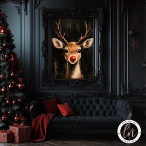 a painting of a deer with a red nose