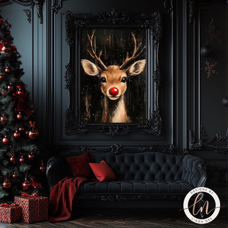 a painting of a deer with a red nose