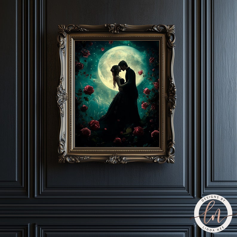 a painting of a couple kissing under a full moon