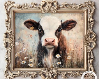 May include: A painting of a brown and white calf standing in a field of daisies. The calf has a tag in its ear and is looking directly at the viewer. The painting is framed in a gold ornate frame.