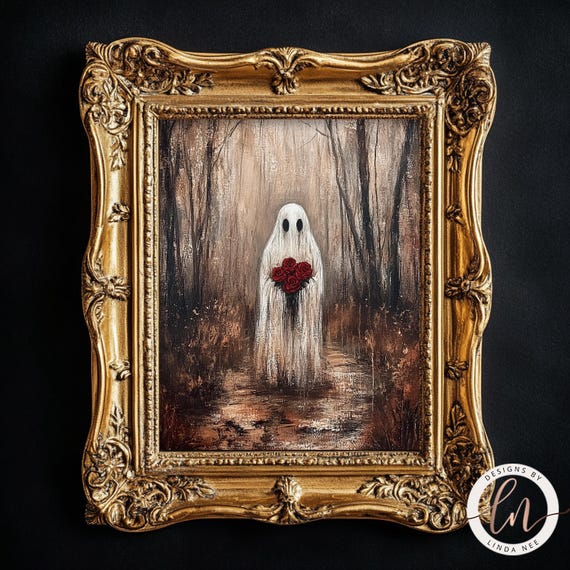 Ghost Holding Red Roses Print, Dark Academia, Vintage Poster