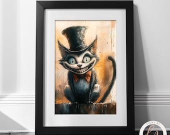 Könnte beinhalten: Ein Aquarellbild eines Katers mit Zylinder und Fliege. Der Kater hat ein verschmitztes Grinsen und sitzt auf einer Kante. Der Hintergrund ist ein Aquarell in Gelb- und Orangetönen.