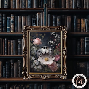 a spider with a flower in its web, set against a dark background with a bookshelf filled with books.