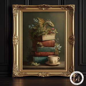 Library Guardian Dragon Print, Dark Academia Fantasy Art, Cozy Bookish Wall Decor