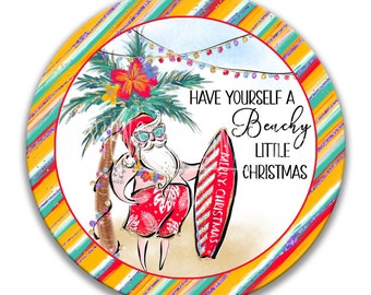 Tropical Santa Wreath Sign, Surfing Santa Round Door Hanger, Christmas Sign, Beach Decor, Palm Trees, Coastal, Florida, Hawaii X-XMS082