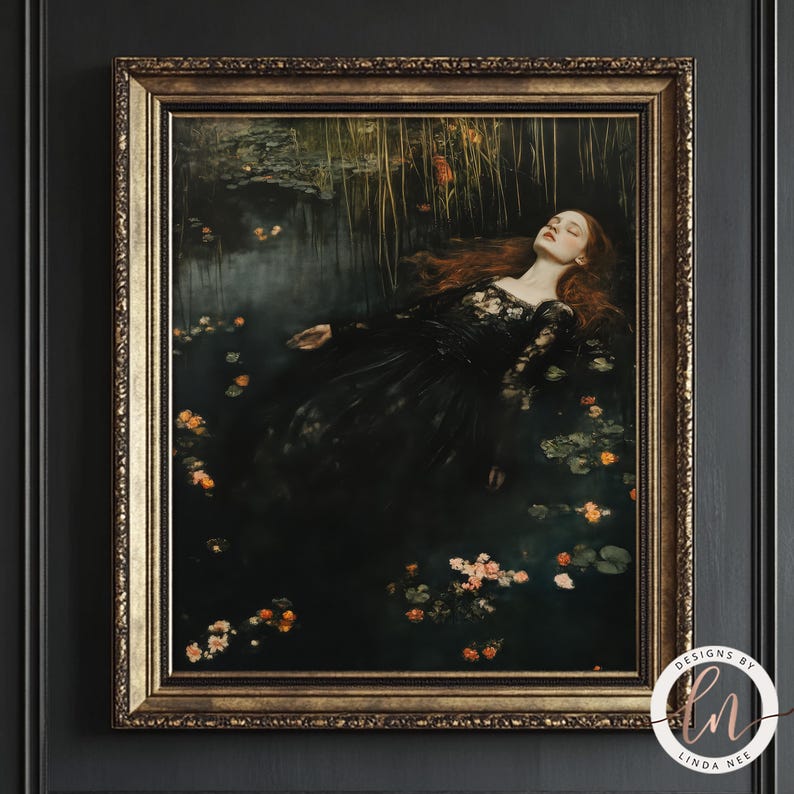 May include: A framed painting of a woman in a black dress lying in a pond with water lilies. The woman has long red hair and her eyes are closed. The painting is set against a dark background.