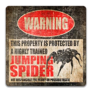 May include: A distressed metal sign with a red oval "WARNING" banner. Below, text reads "THIS PROPERTY IS PROTECTED BY A HIGHLY TRAINED JUMPING SPIDER." A black jumping spider graphic is included. The sign warns "NOT RESPONSIBLE FOR INJURY OR POSSIBLE DEATH."