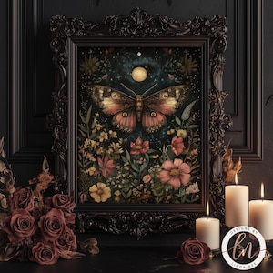 May include: A framed artwork featuring a large moth with intricate wing patterns, set against a night sky with a moon and flowers. The dark frame complements the artwork's colors. Candles and roses are arranged nearby.