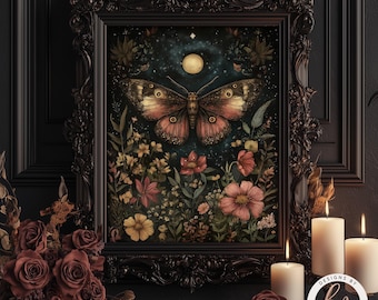 Lámina decorativa de polilla estilo Dark Academia - Arte mural metálico estilo Cottagecore oscuro - Diseño botánico vintage con luna y flores 6-GOT099