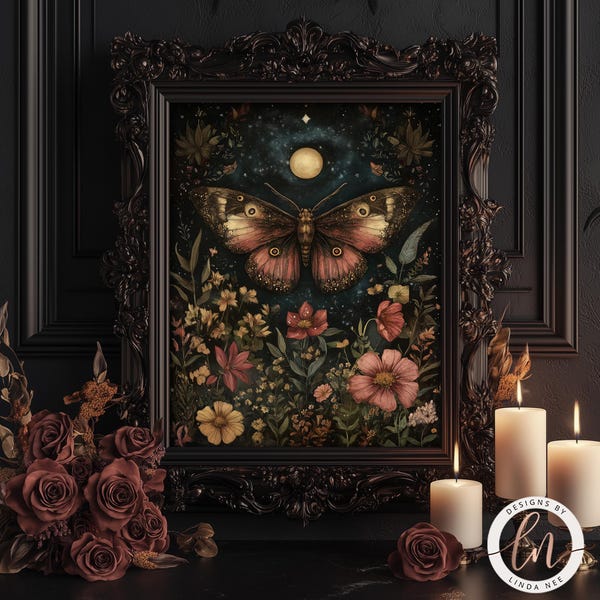 Dark Academia Moth Print - Dark Cottagecore Metal Wall Art - Vintage Botanical with Moon and Flowers 6-GOT099
