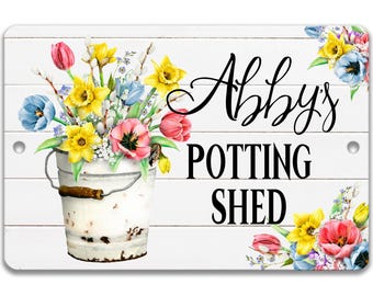 Cartello personalizzato per la casetta da giardino, cartello personalizzato per la casetta da giardino con fiori primaverili, regalo per lei, decorazione carina per la casetta da giardino F-SHE004
