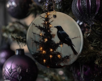 Raven Christmas Ornament, Gothic Holiday Decor, Dark Winter Crow Gift