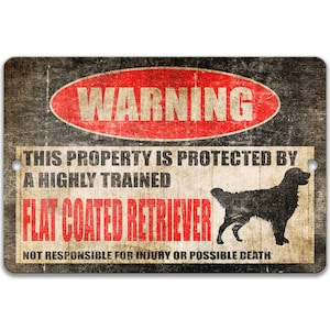 May include: A warning sign with a distressed, vintage look. It reads "WARNING THIS PROPERTY IS PROTECTED BY A HIGHLY TRAINED FLAT COATED RETRIEVER NOT RESPONSIBLE FOR INJURY OR POSSIBLE DEATH". The sign features a silhouette of a flat-coated retriever dog.