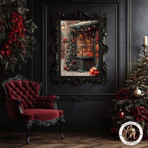 a room with a christmas tree and a red chair
