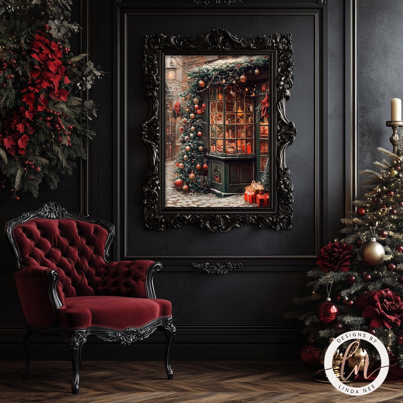 a room with a christmas tree and a red chair