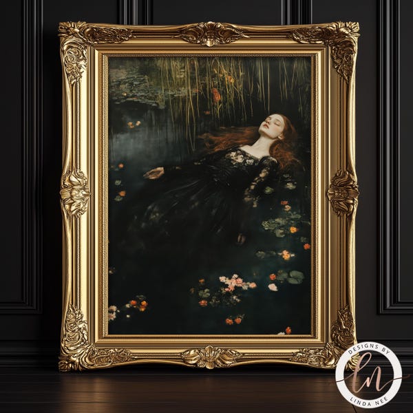 Dark Ophelia Drowning Painting, Dark Academia Print, Moody Victorian Floral Painting, Vintage Tragic Romantic Art Shakespeare Lover 6-GOT066