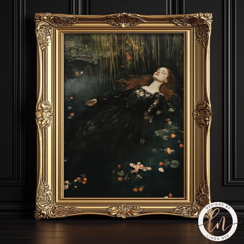 May include: A woman in a black dress lies in a pool of water surrounded by flowers and greenery. The image is dark and moody, with a sense of mystery and romance.