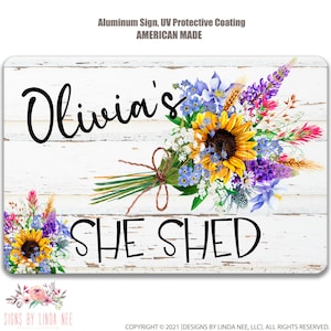 Signo de cobertizo personalizado, ramo floral, cartel de cobertizo de mujer personalizada, regalo de cobertizo, decoración linda de cobertizo para macetas, cobertizo de jardín F-SHE005
