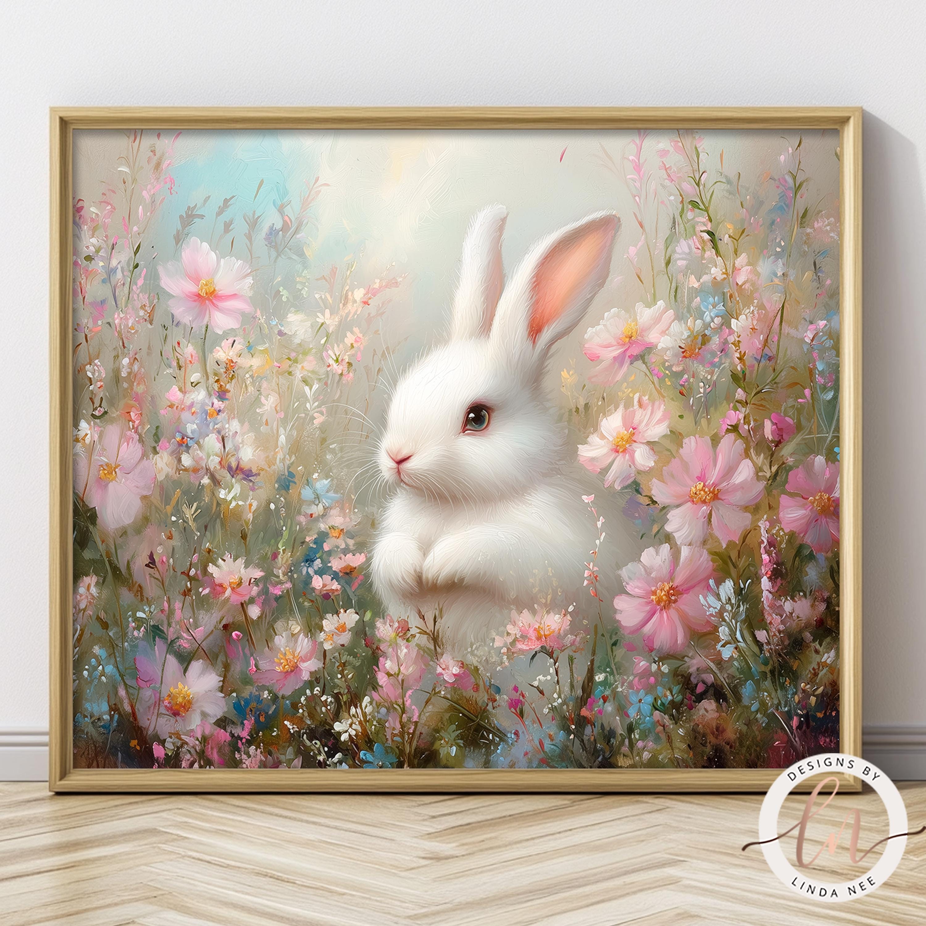 Spring Bunny Rabbit in Wildflower Field Print, Vintage White Rabbit Oil Painting, Spring Decor, Farmhouse Easter Wall Art, Flowers 6-SPR006