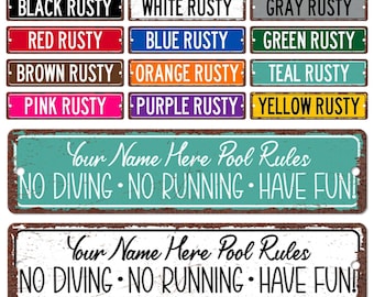Signo de reglas de la piscina, nombre de familia personalizado decoración de la piscina del patio trasero, decoración de la casa de la piscina personalizada, signo de la piscina al aire libre, no correr no bucear P-SUM018