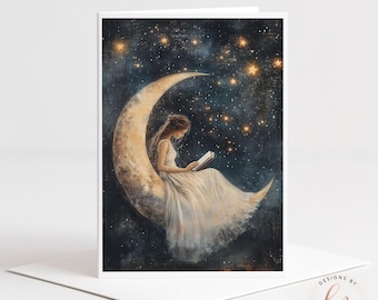 Tarjeta de cumpleaños de una chica caprichosa en la luna, ilustración de un cielo nocturno mágico, interior en blanco, tamaño A7 5x7