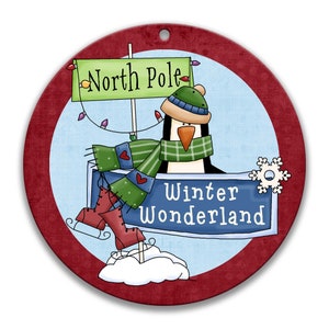Christmas Wreath Sign, Snowman Decor, Penguin Christmas Wall Art, 8&quot; Xmas Decor, Round Holiday Wreath Supplies, Wreath Attachment X-XMS005