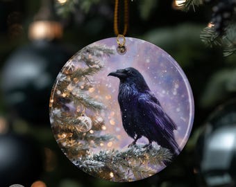 Raven Christmas Ornament, Gothic Crow Tree Decoration, Purple Winter Holiday Decor