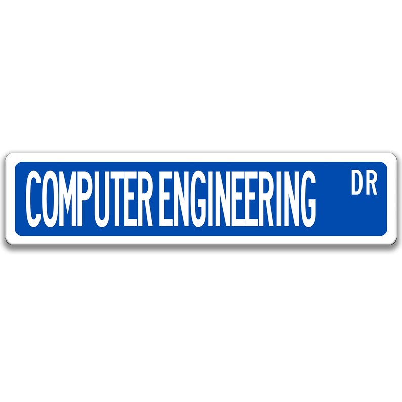 May include: Blue street sign with white text that reads "COMPUTER ENGINEERING DR".