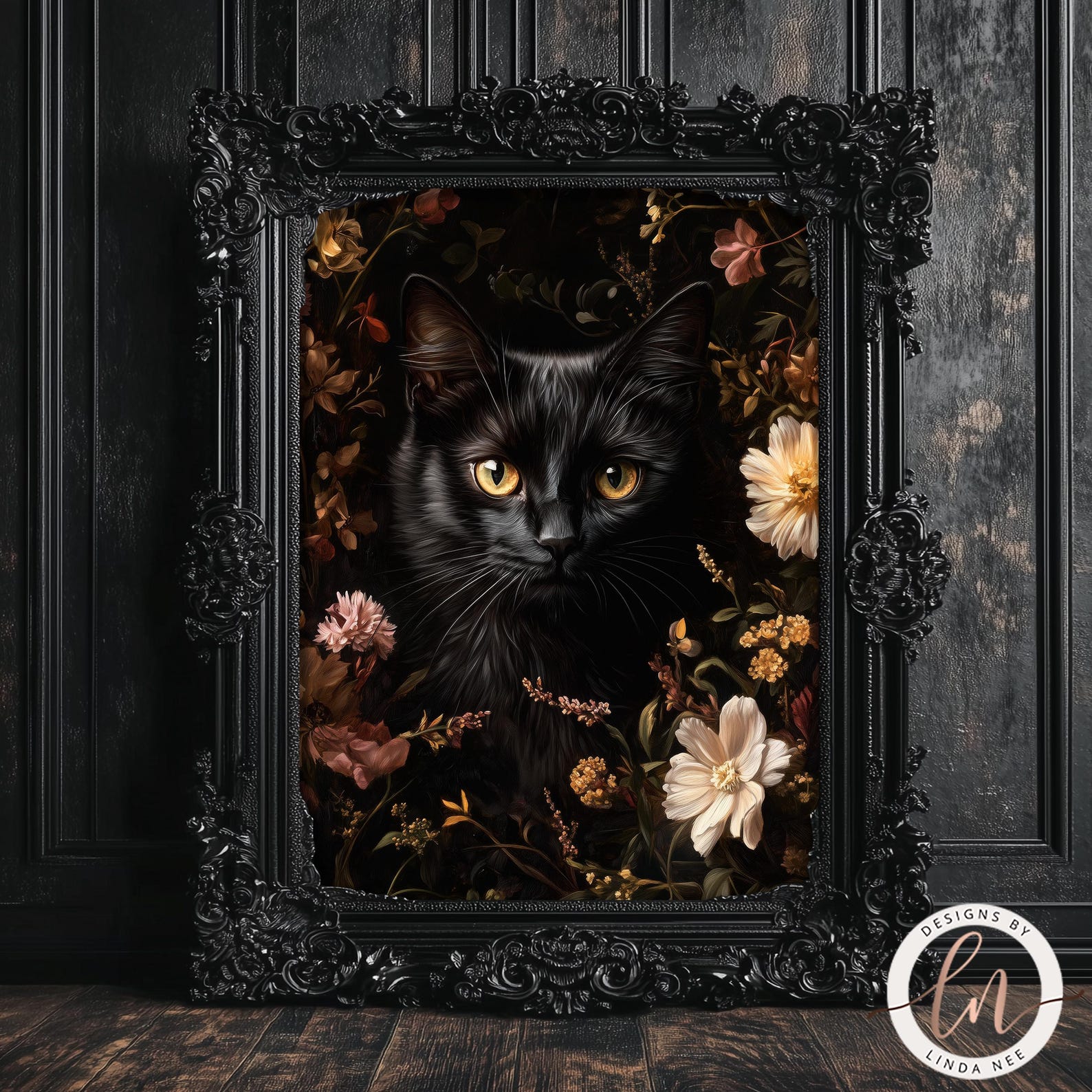 Black Cat Floral Wall Art | Gothic Cottagecore Decor | Dark Botanical ...