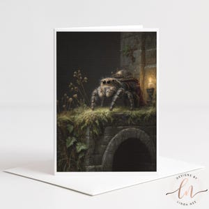 May include: Greeting card featuring a detailed illustration of a jumping spider wearing a helmet and cape, standing on a stone wall. The artwork has a fantasy theme, with a candle and foliage in the background. The card is white with a white envelope.