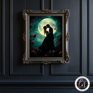 a painting of a couple kissing under a full moon