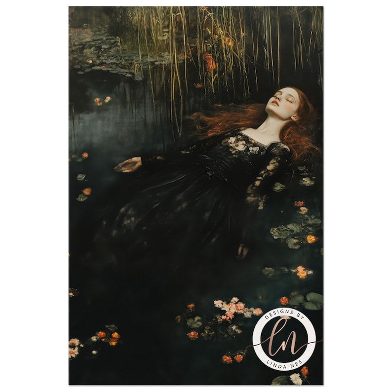 May include: A woman in a black lace dress lies in a dark pond with red flowers floating around her. The water is murky and the light is dim. The image is dark and moody.