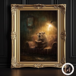 May include: A framed artwork depicts a capybara wearing glasses and reading a book while seated on a sofa. The painting has a warm color palette with a gold ornate frame. The artwork is signed by Linda Nee.